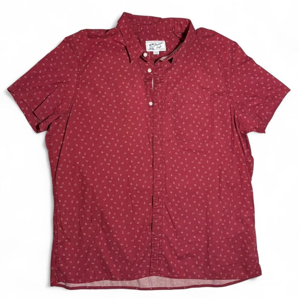 American Eagle Men's Short Sleeve Button Up XXL Red Micro Print Shirt